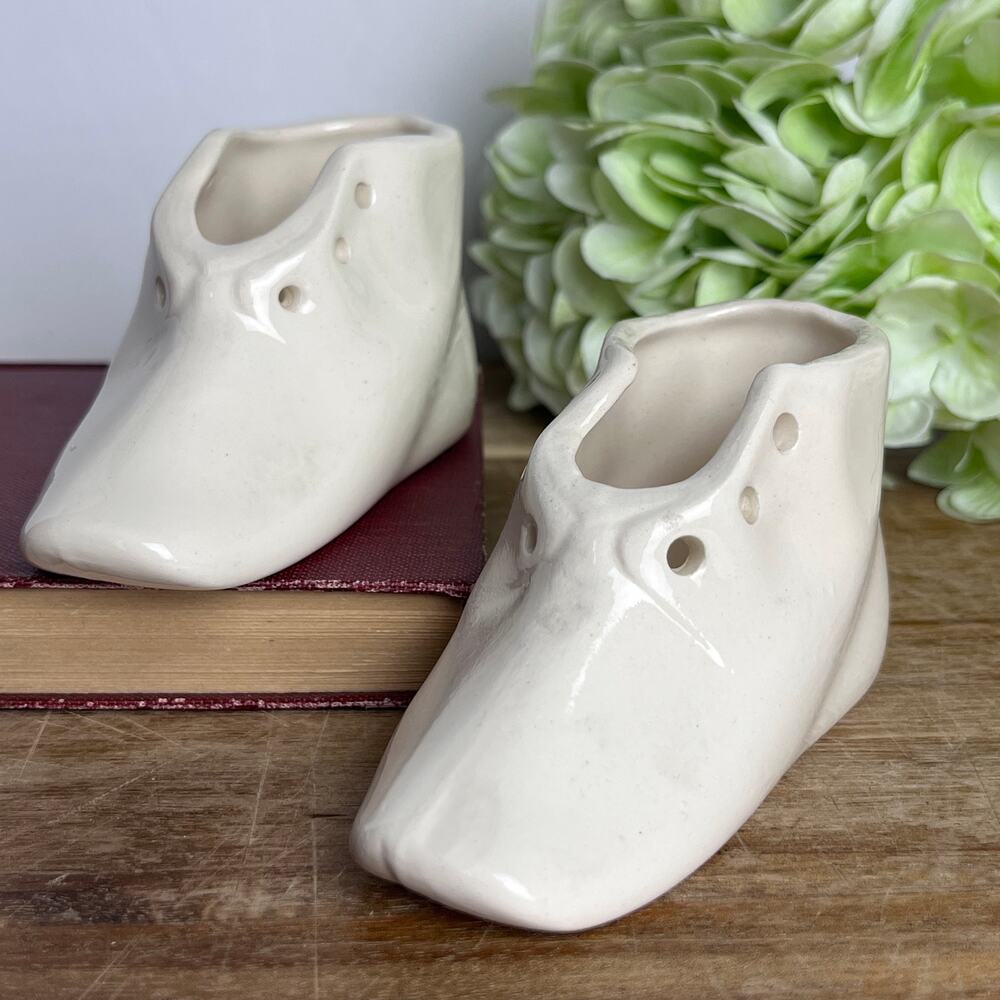 Pair of Vintage Ceramic Baby Shoes Bootie Planter Nursery Decor Creamy White